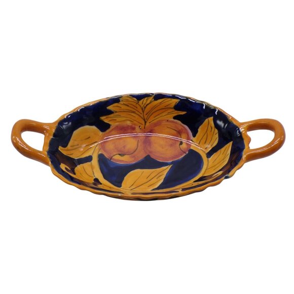 Mexican Talavera HandPainted Peach Leaf Design Dual Handles Vibrant Orange/Blue - Picture 1 of 7
